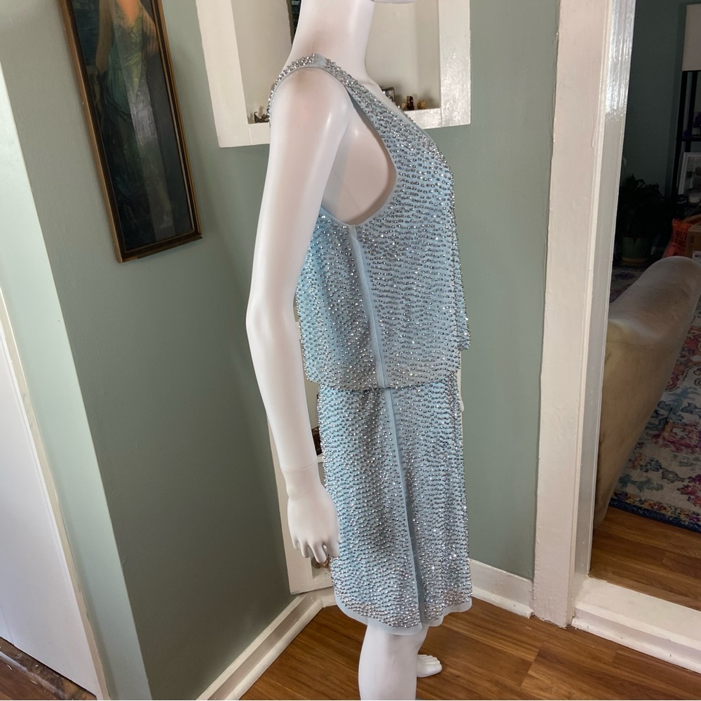 Xscape Light Blue Silver Metallic Beaded Cocktail Mini Dress Draped Size 10 - Picture 11 of 15